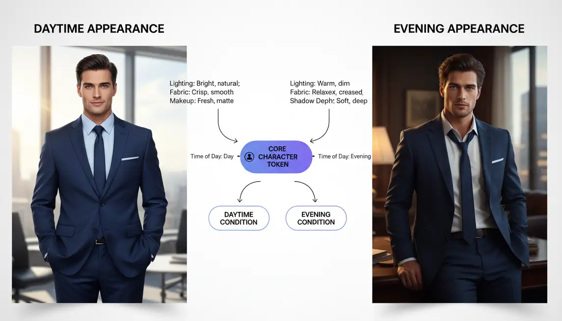 Demonstration of conditional slot tokens showing how character appearance adapts to different times of day while maintaining core consistency