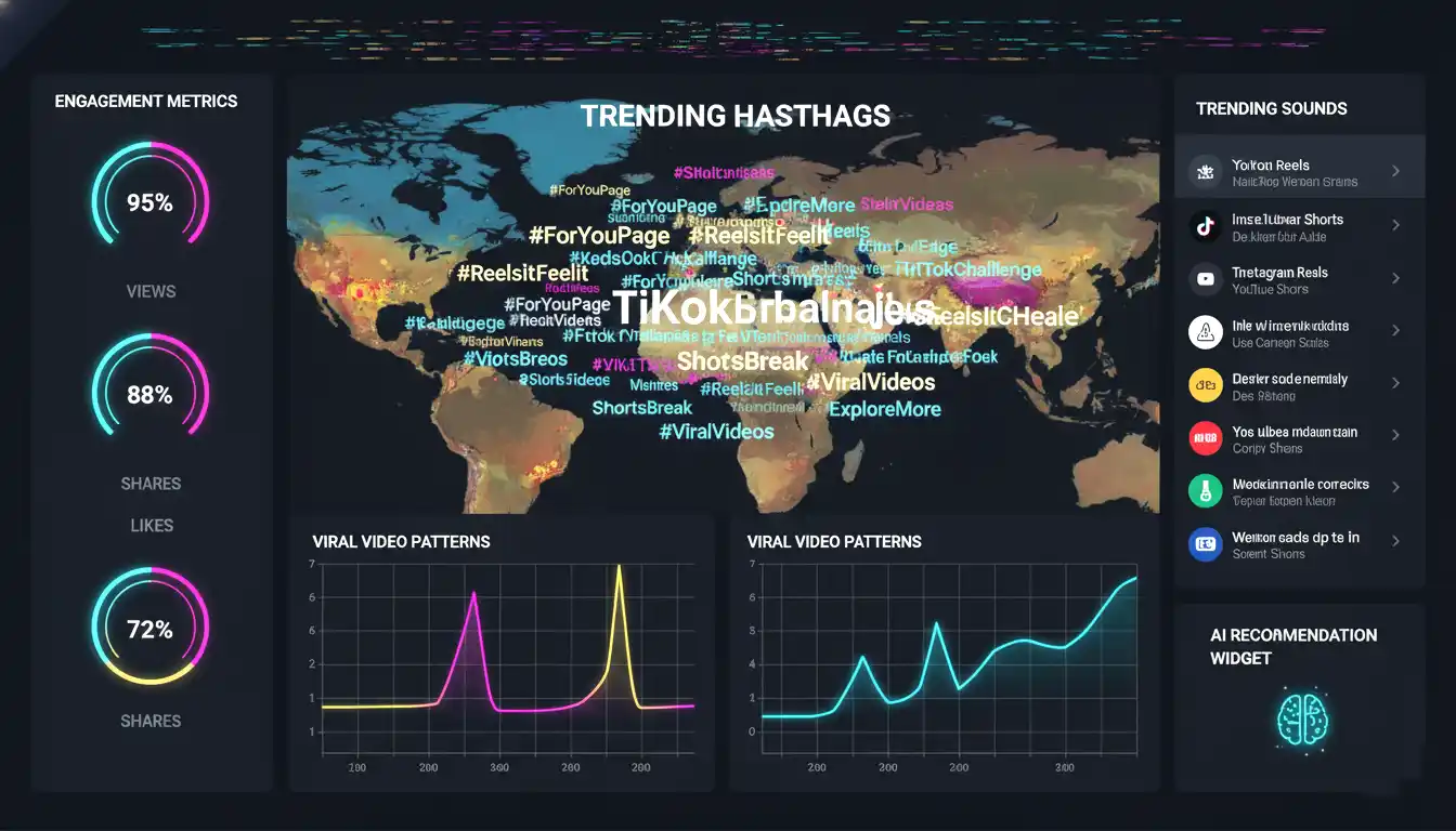 Modern analytics dashboard showing trending hashtags word clouds viral video patterns engagement metrics and AI-powered content recommendations with real-time social media data visualization
