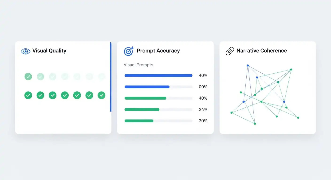 Quality assessment framework showing visual quality prompt accuracy and narrative coherence metrics