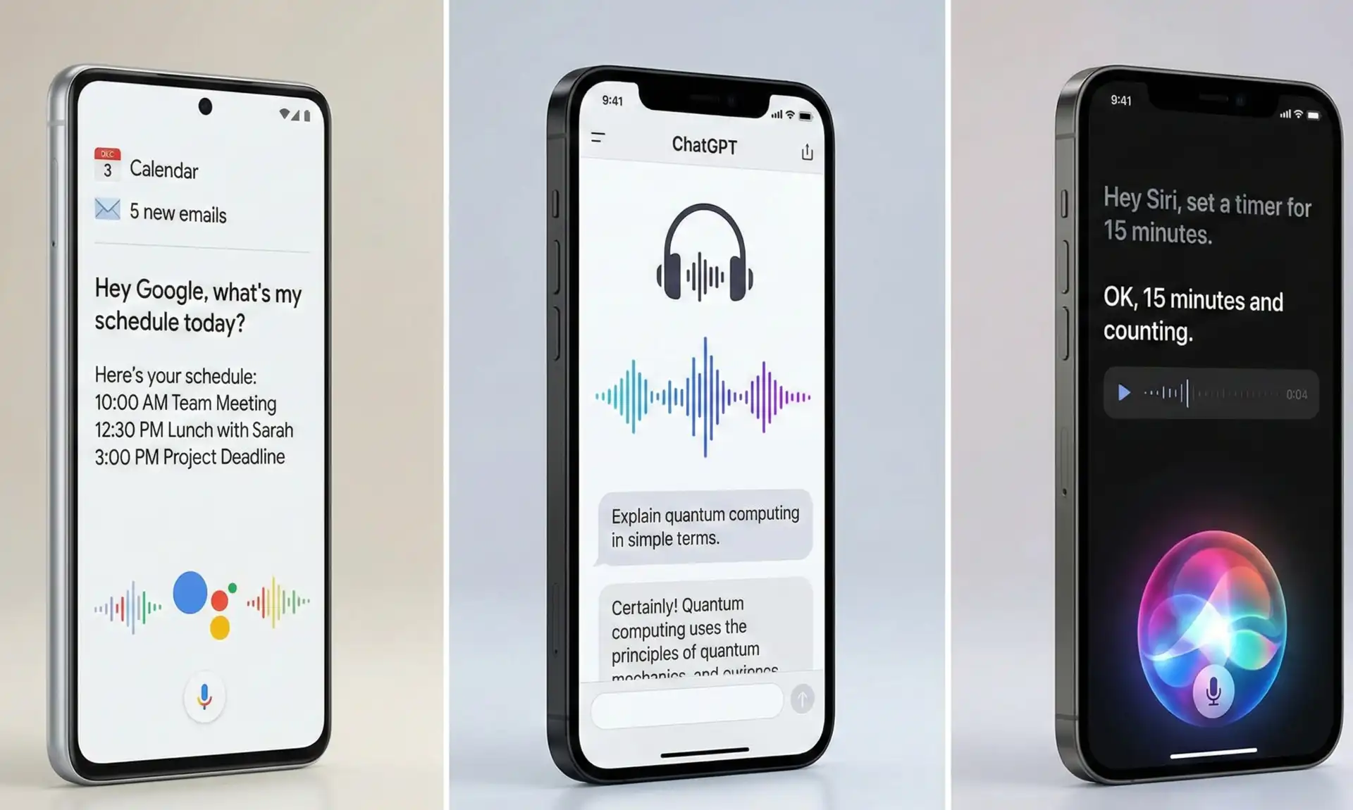 Split screen comparison of different AI voice assistants on mobile devices