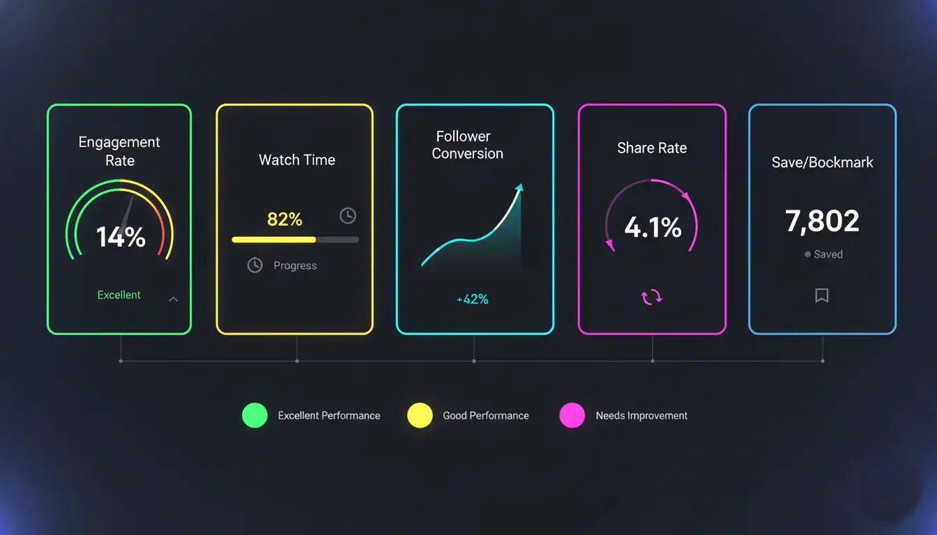 Comprehensive analytics dashboard showing key performance metrics including engagement rate watch time completion rate follower conversion and revenue per thousand views with color-coded performance indicators