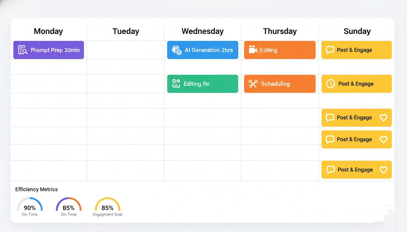 Weekly calendar grid showing batch production schedule with color-coded time blocks for prompt preparation video generation editing and scheduling across Monday through Sunday with efficiency metrics
