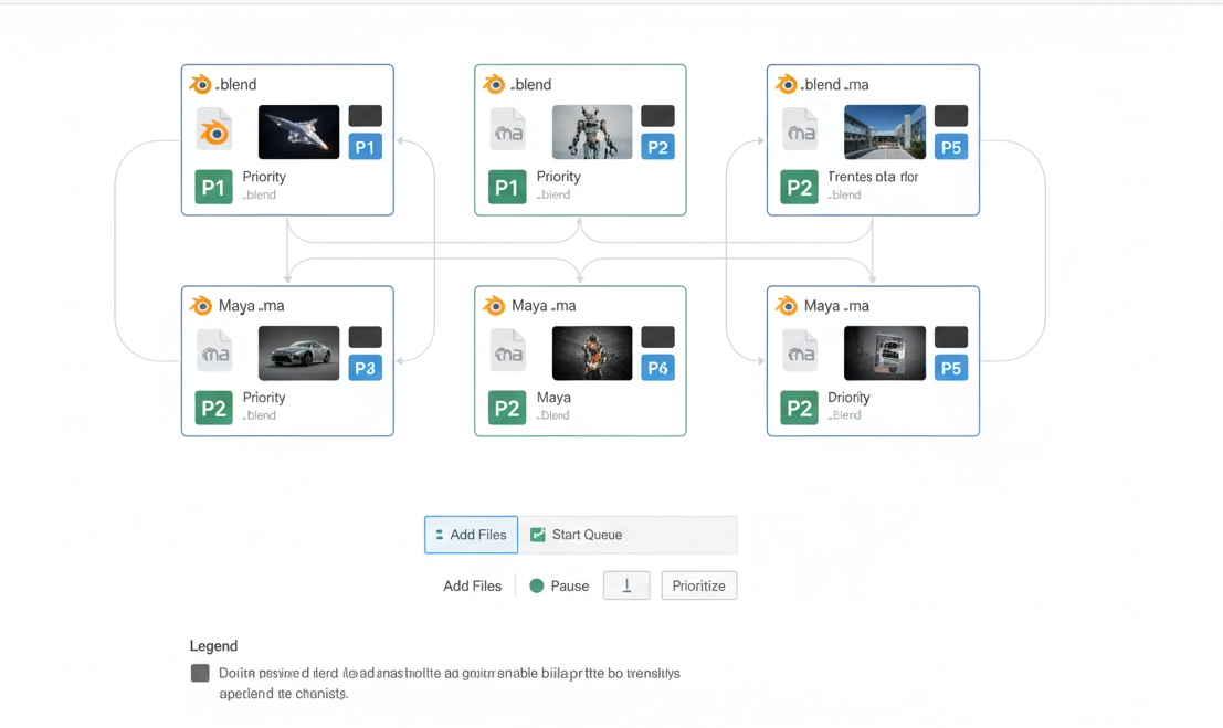 Visual representation of rendering queue showing multiple 3D scene files lined up for sequential processing