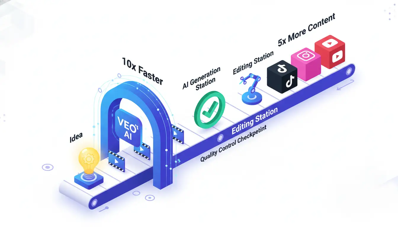 Flowchart diagram showing batch video production workflow from prompt template library through Veo 3 generation to multi-platform export with time estimates for each stage and efficiency optimization tips