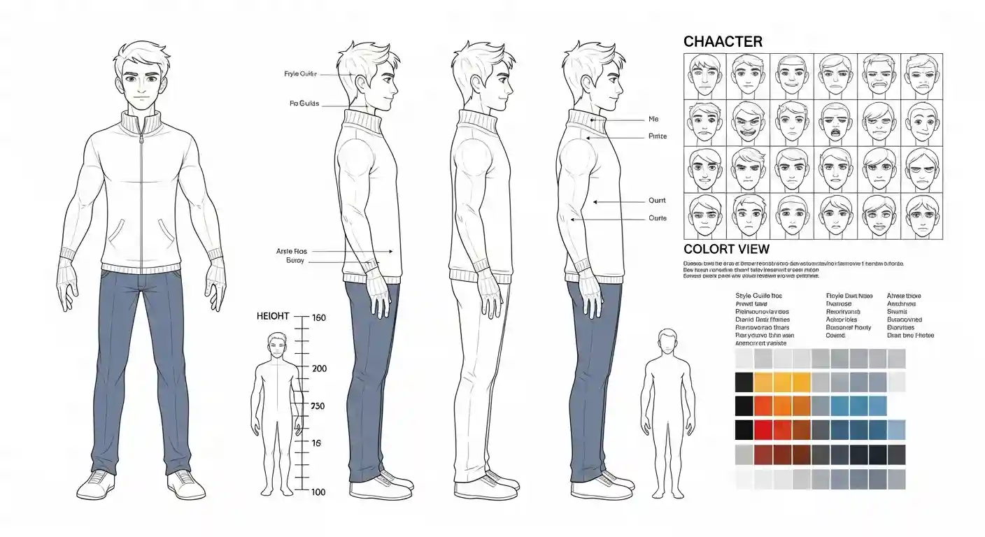 Character design sheets showing various character poses, expressions, and visual style guides for animation