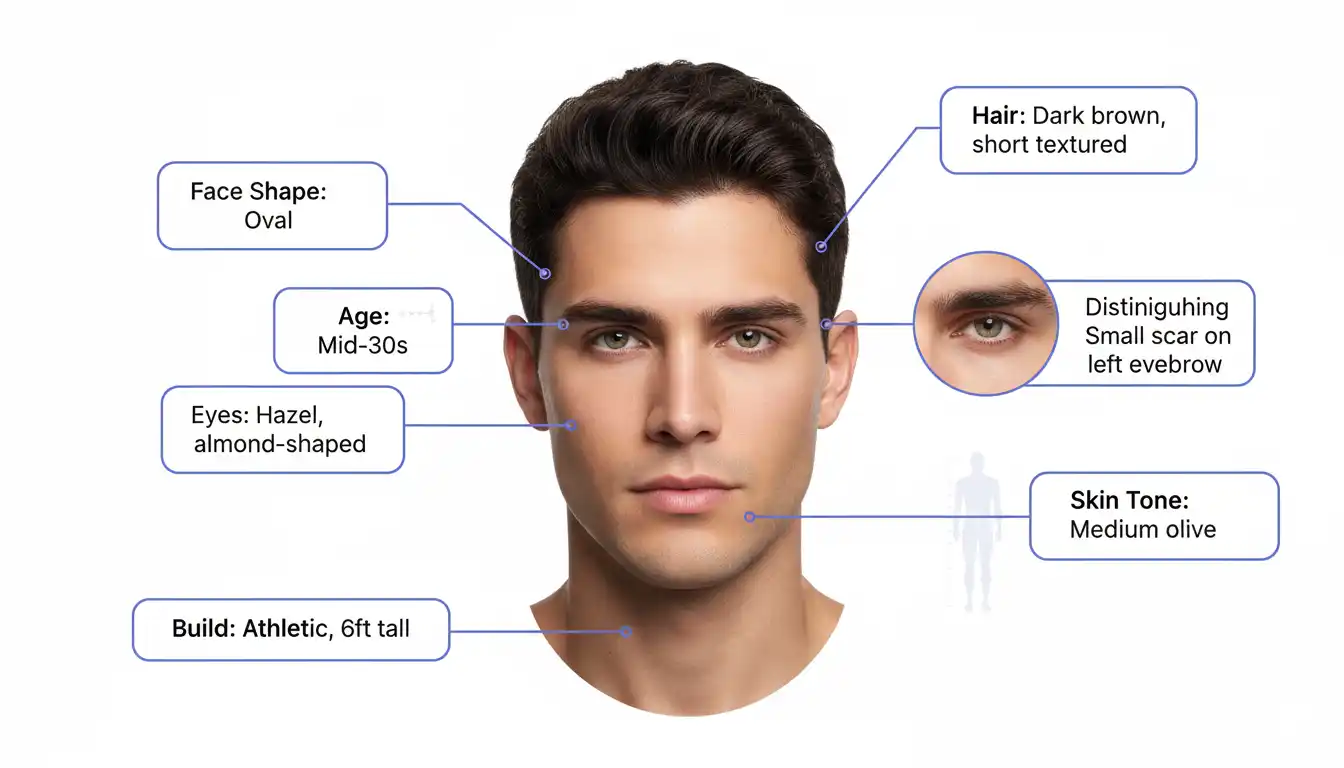 Example of detailed character description breakdown showing facial features, body type, and distinguishing characteristics for slot token definition