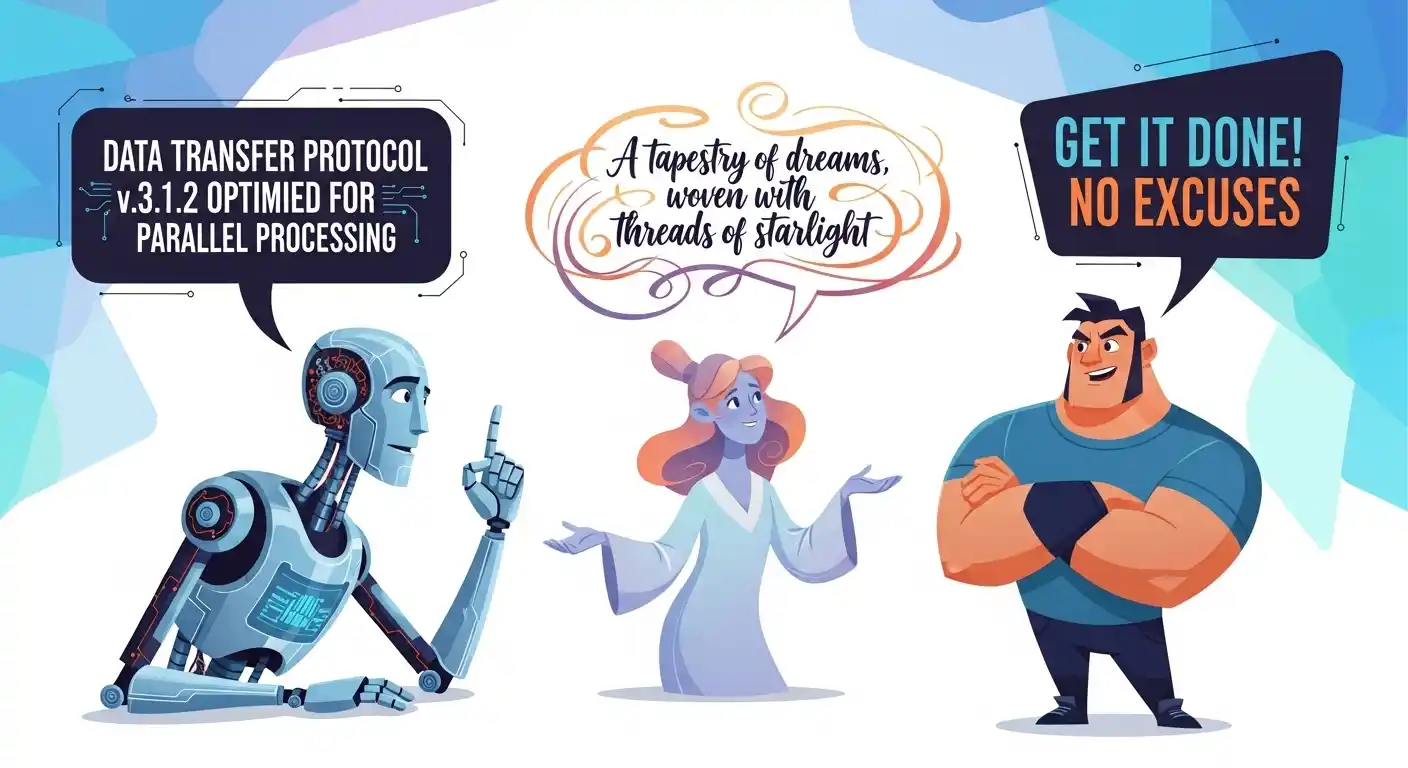 Three characters with distinct speech bubbles showing different dialogue styles and personality through words