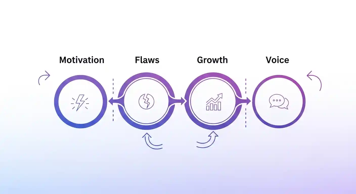 Diagram showing the four key elements of character development - motivation, flaws, growth, and voice