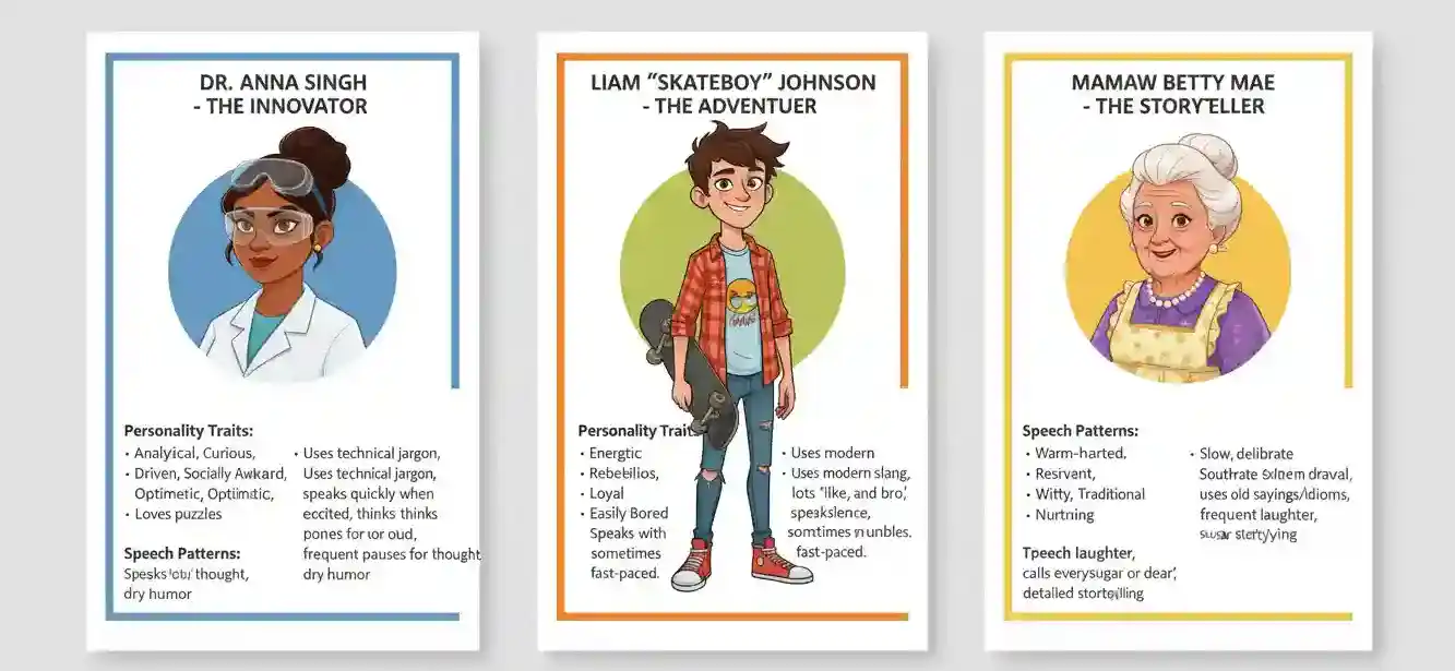 Three different character profiles showing distinct personalities backgrounds and speaking styles for scriptwriting