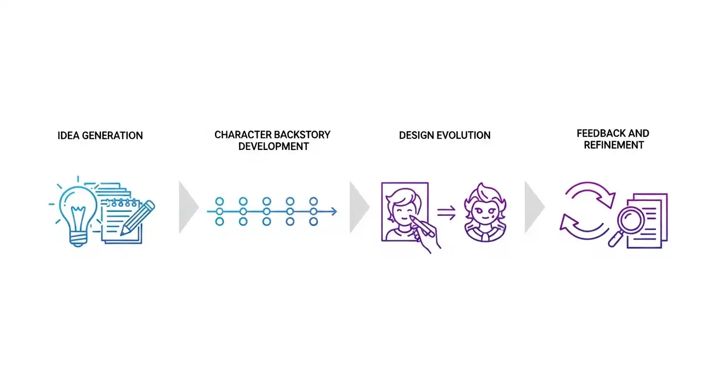 Four-step character development workflow diagram from concept to final refined character design