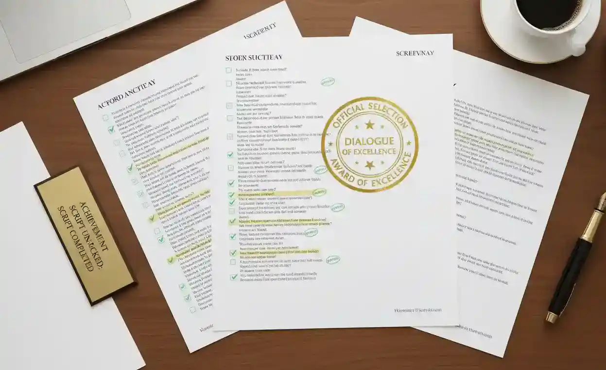 Completed screenplay with checklist showing all dialogue writing tips successfully implemented