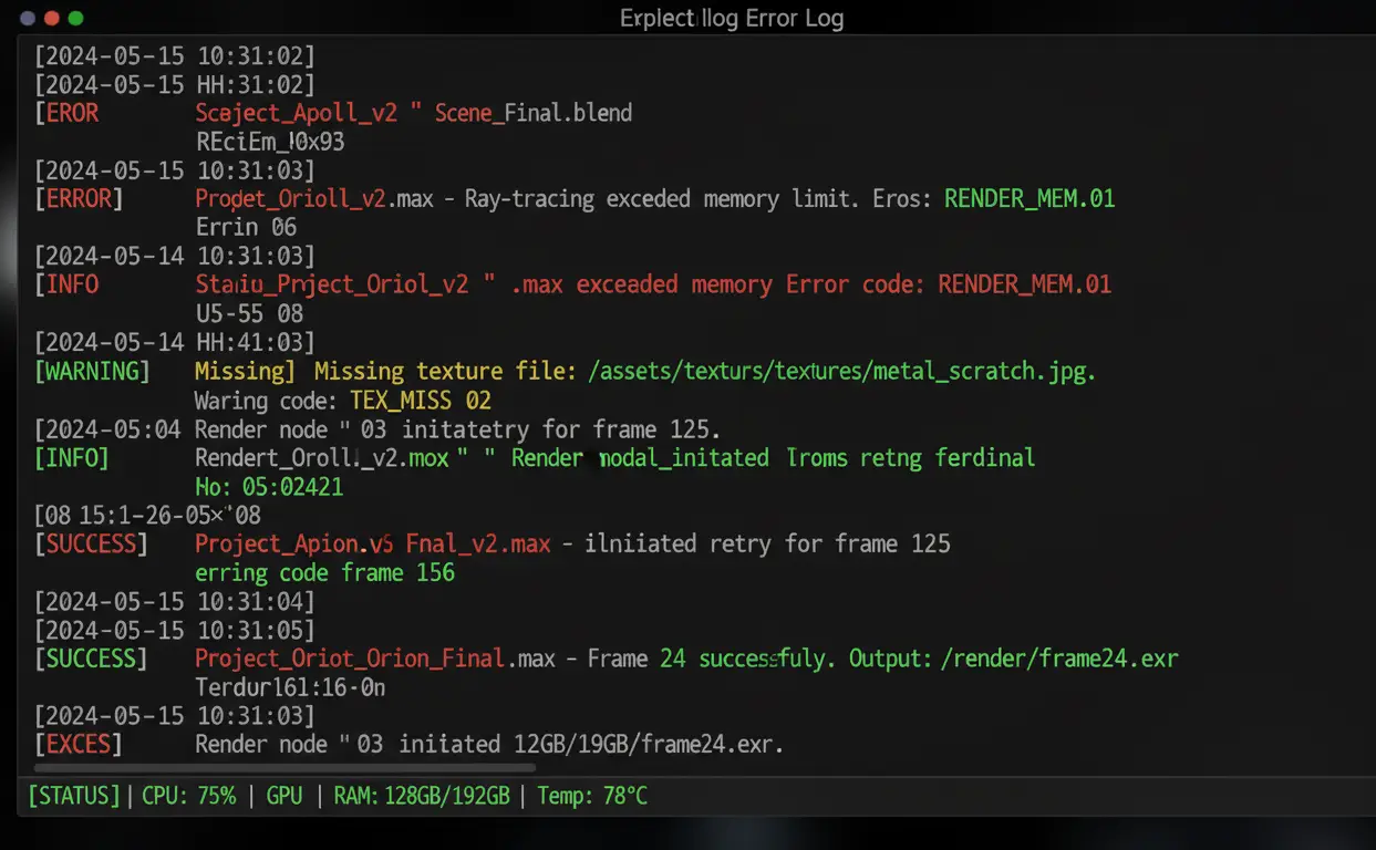 Example of comprehensive error log showing timestamps, error messages, and system status information