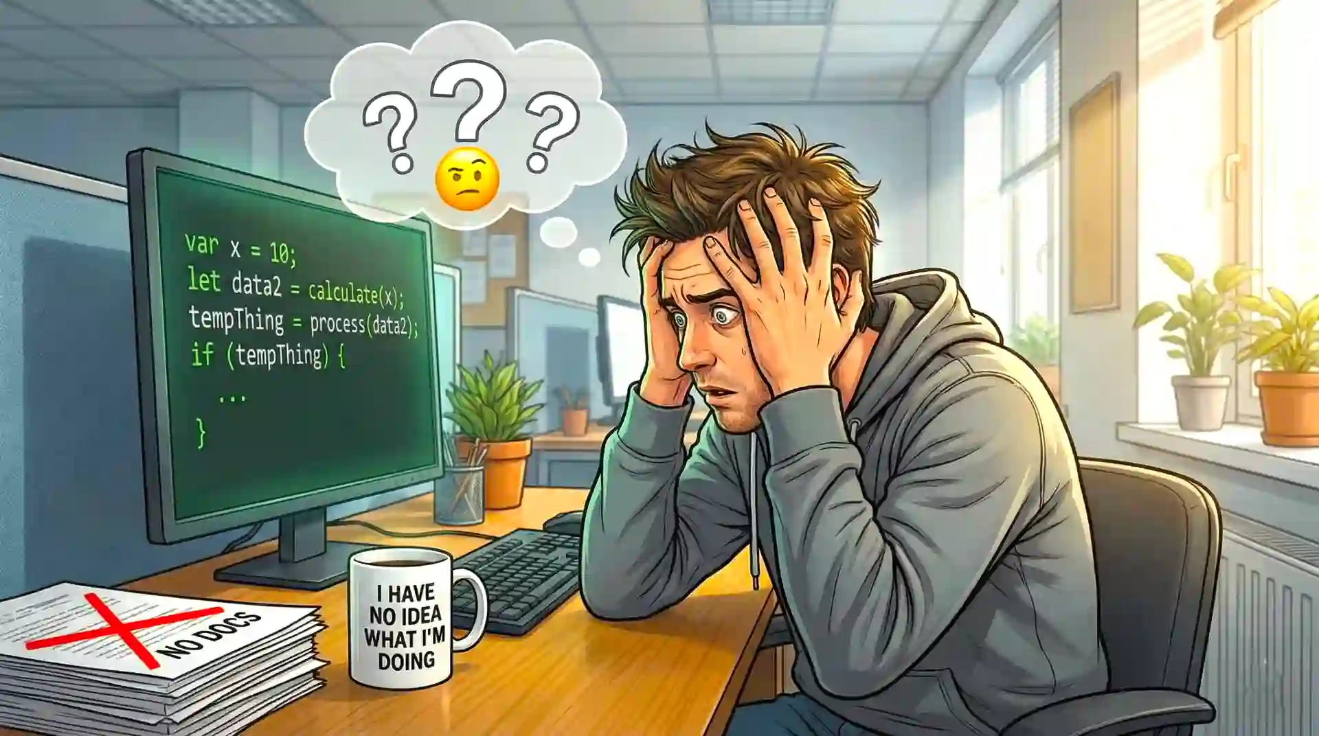 Frustrated developer staring at confusing legacy code on screen with hands on head, surrounded by sticky notes and documentation attempts