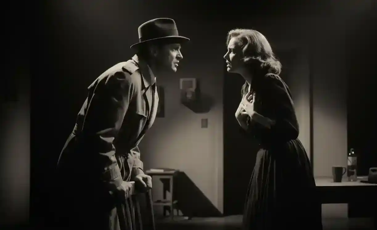 Two characters in tense conversation showing body language and conflict through visual storytelling