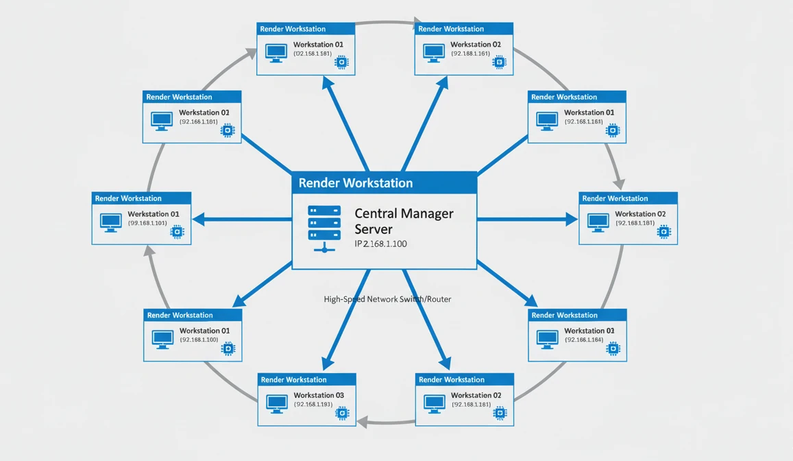 Network diagram showing multiple computers connected in a render farm setup with central coordination server