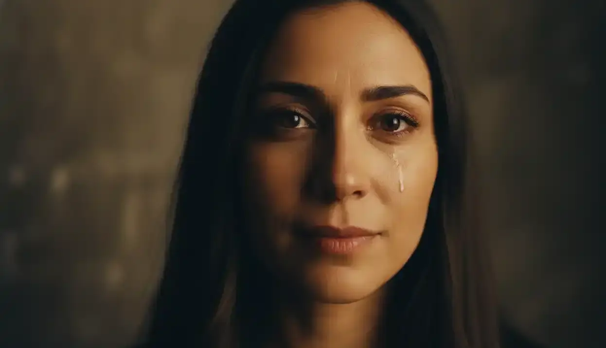 Character expressing emotion through body language and subtle dialogue rather than direct statements