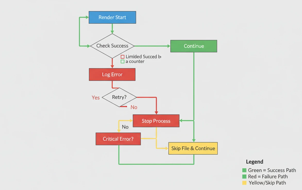 Flowchart diagram showing automated error detection and recovery process in rendering pipeline