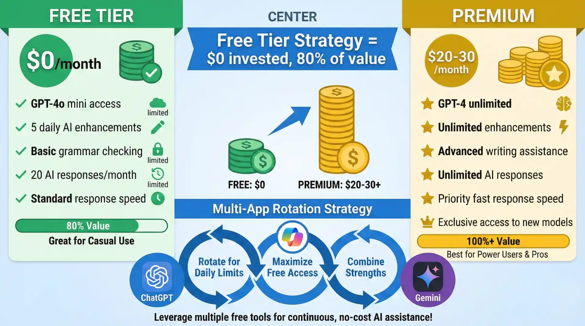 Comparison chart showing free tier features versus premium subscriptions for AI apps