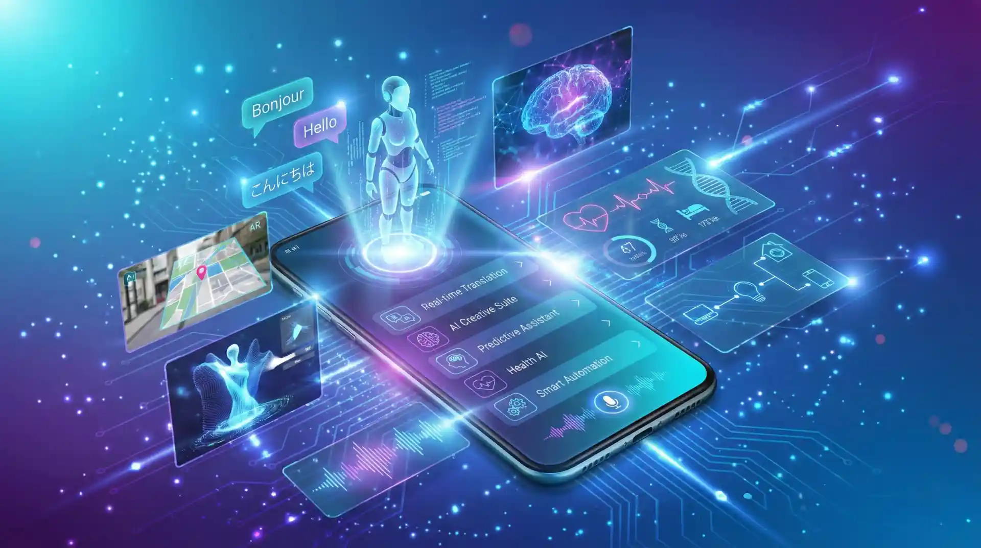 Futuristic concept showing advanced AI capabilities on smartphones