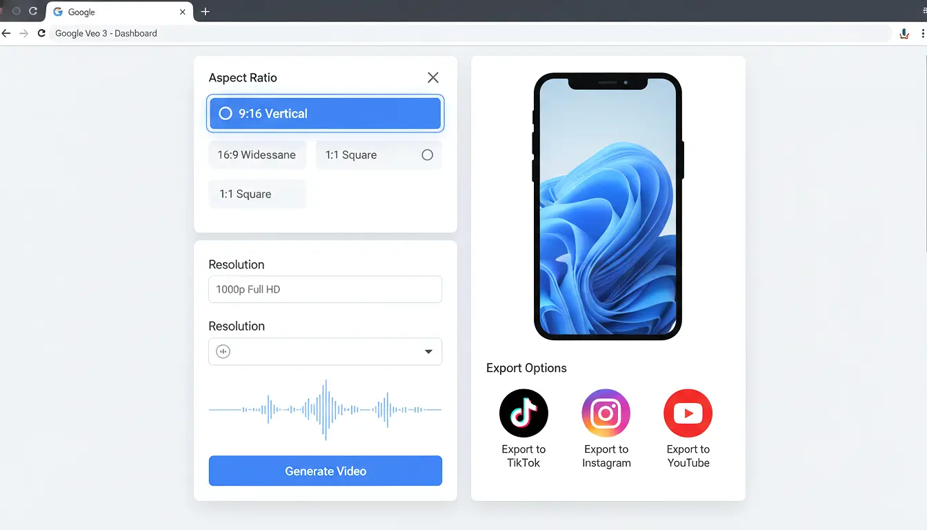 Google Veo 3 user interface showing 9:16 aspect ratio settings panel with vertical video preview, audio waveform synchronization, and export options for TikTok Instagram and YouTube