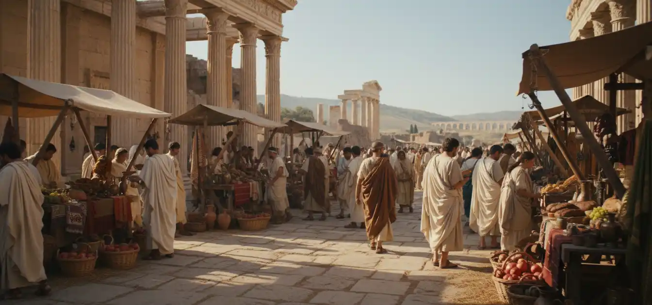 AI generated historical scene showing ancient marketplace for educational purposes