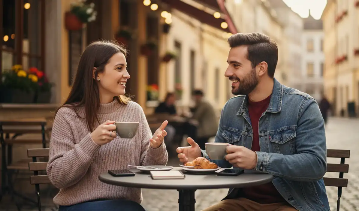 Language learning scenario showing people conversing in a cafe setting