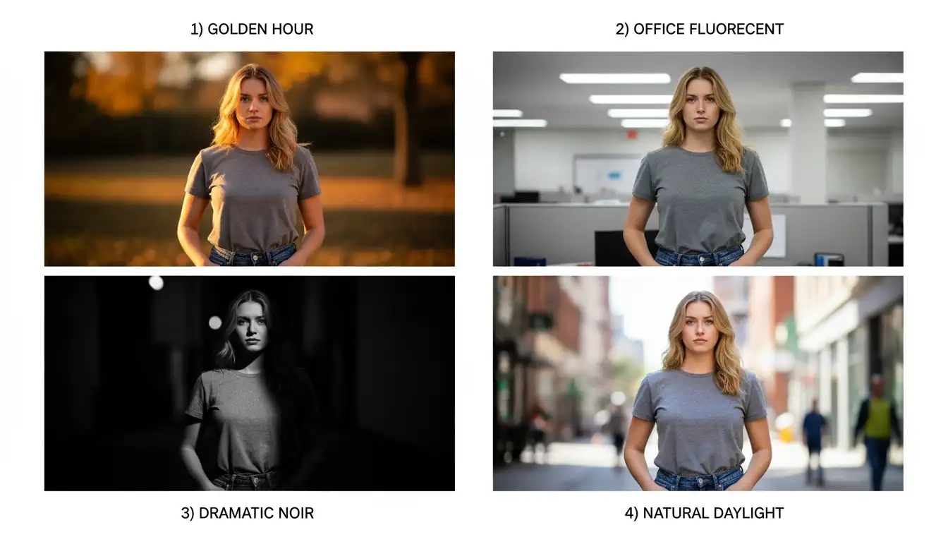 Side by side comparison of the same character under different lighting conditions managed by slot tokens