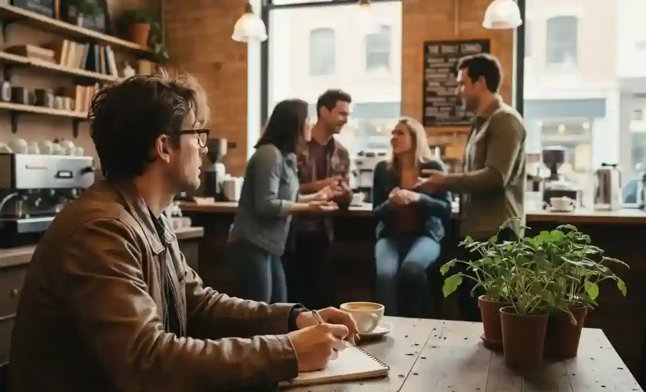 Writer observing and taking notes on natural conversations in a busy coffee shop environment