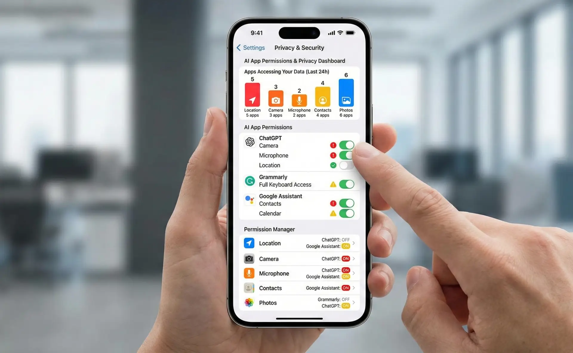 Smartphone privacy settings screen showing AI app permissions and data controls