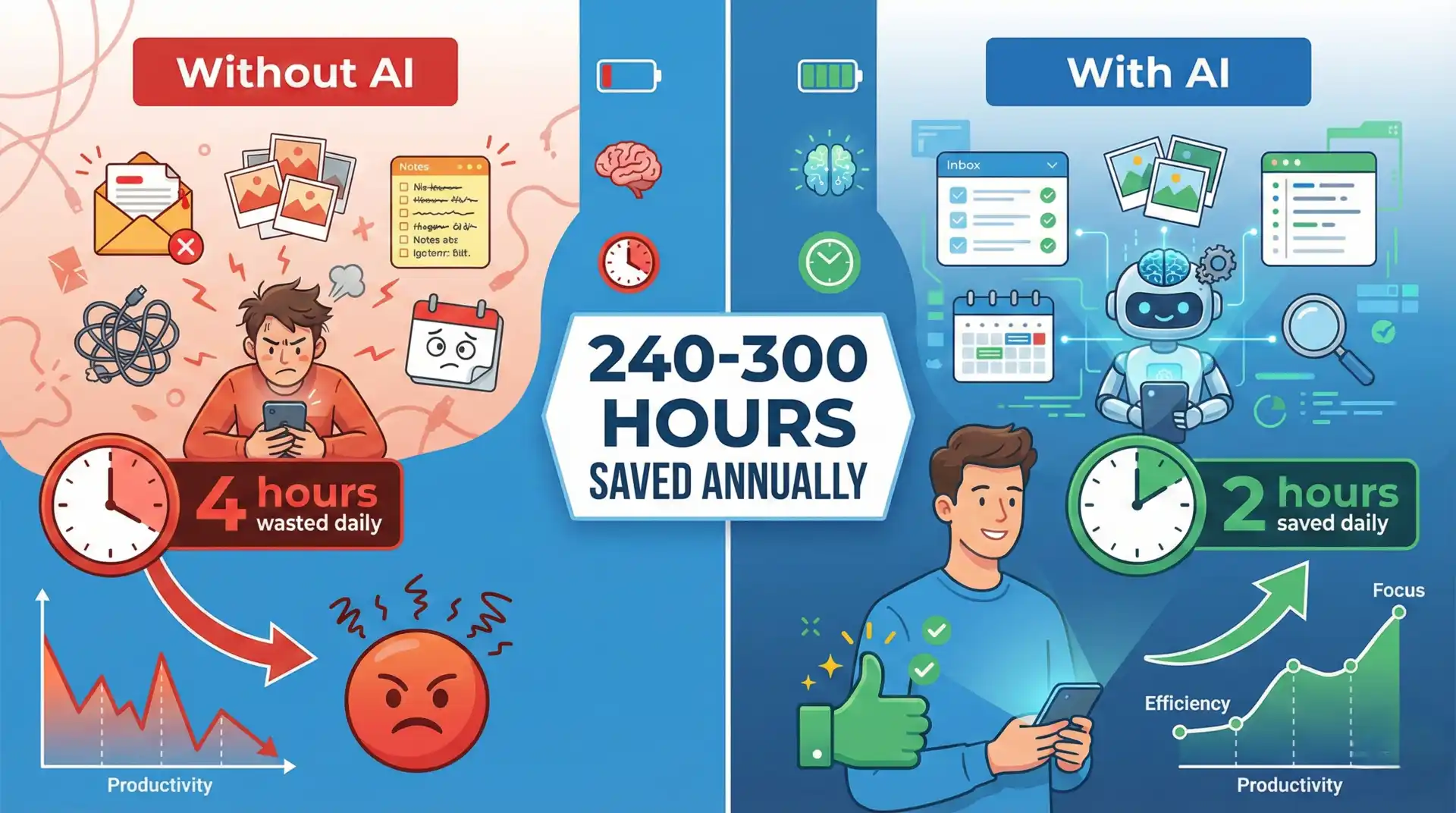 Infographic comparing productivity with and without AI mobile apps showing time savings