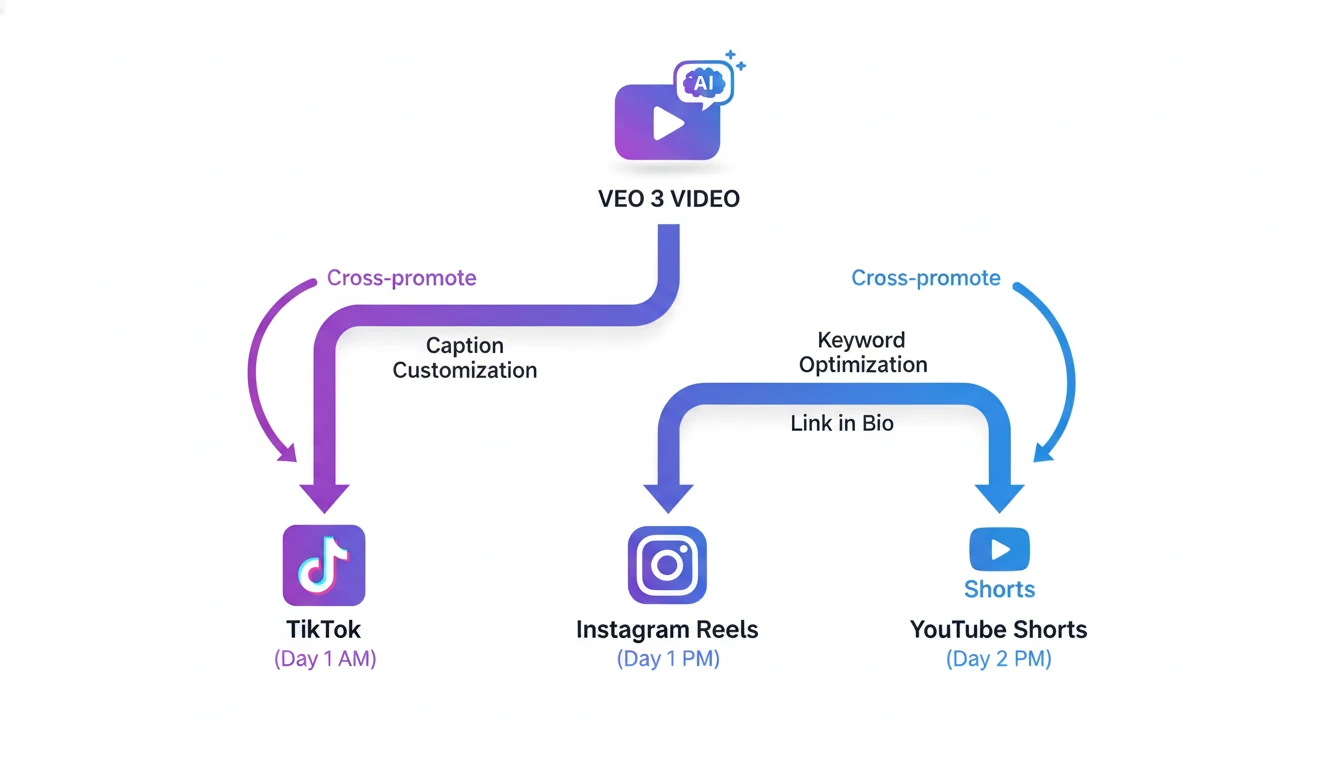 Strategic flowchart showing content distribution pathway from single Veo 3 video generation to optimized versions for TikTok Instagram Reels and YouTube Shorts with timing scheduling and cross-promotion strategies