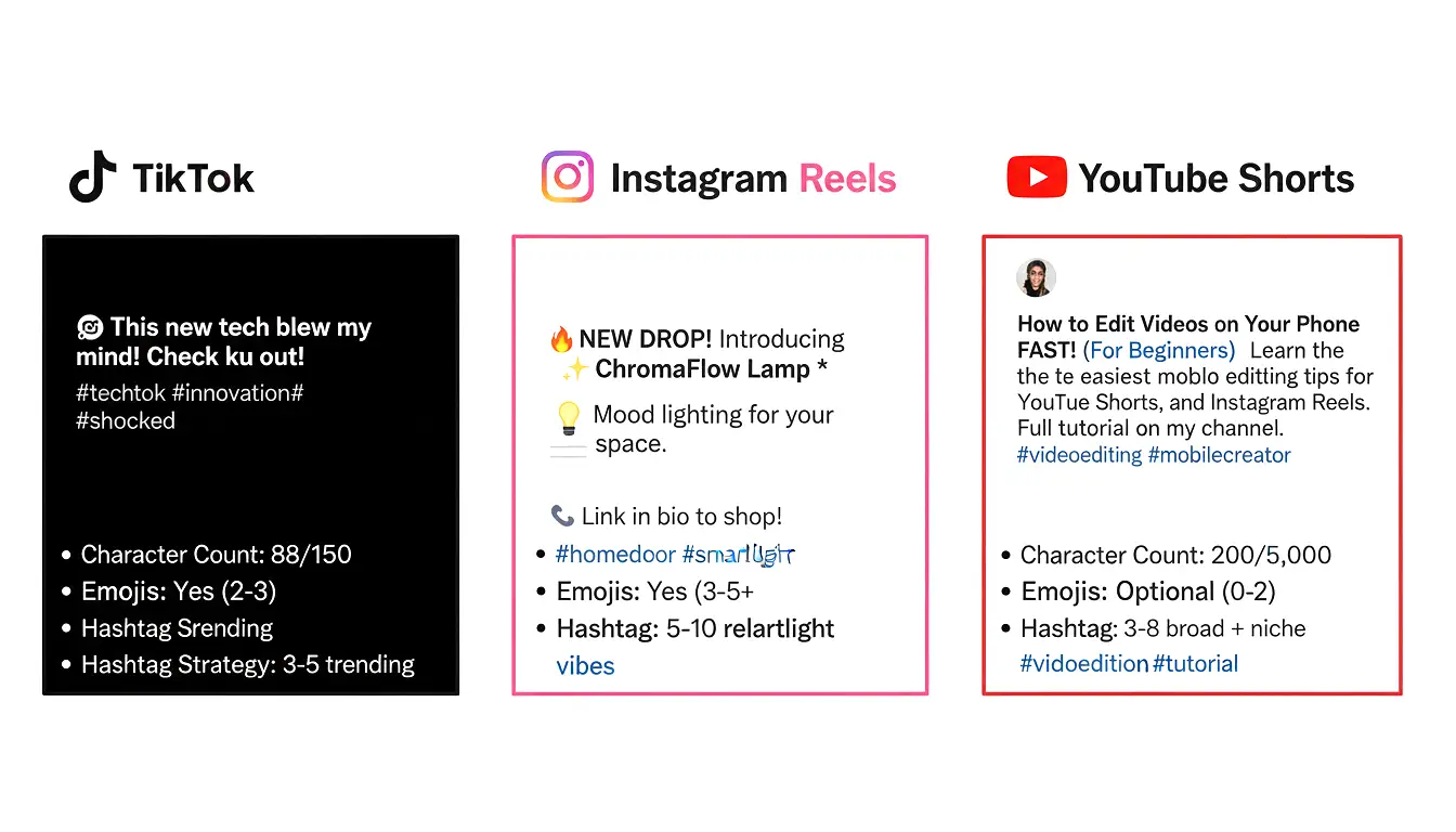 Three column comparison showing optimal caption formats for TikTok Instagram Reels and YouTube Shorts with character counts emoji usage hashtag strategies and engagement CTA examples highlighted