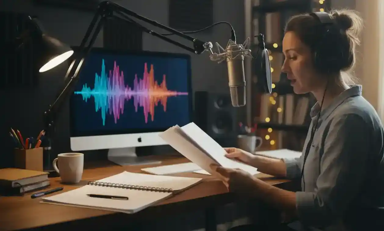 Screenwriter reading script dialogue aloud with recording equipment to test natural flow and rhythm