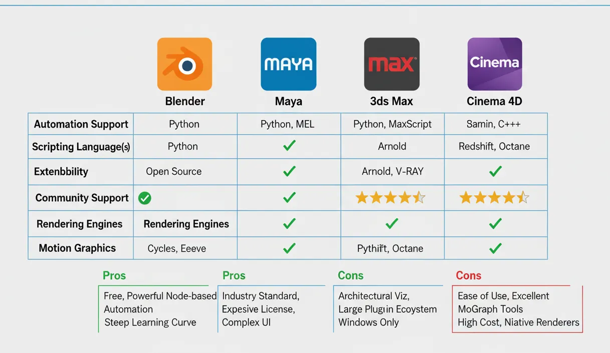 Comparison chart showing different 3D software automation capabilities and scripting options