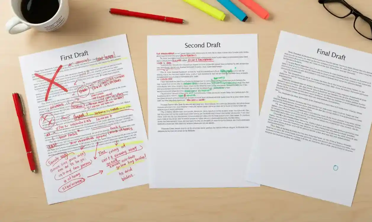 Multiple drafts of script pages showing editing marks and revision process for dialogue improvement
