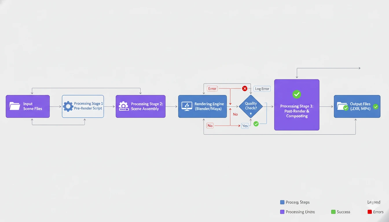 Step-by-step diagram illustrating the automation script workflow from scene loading to final render output