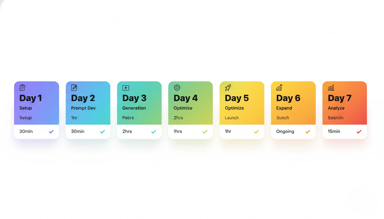 Visual seven-day calendar roadmap showing daily tasks and milestones for launching AI-powered short-form video strategy with checkboxes time estimates and success metrics for each day