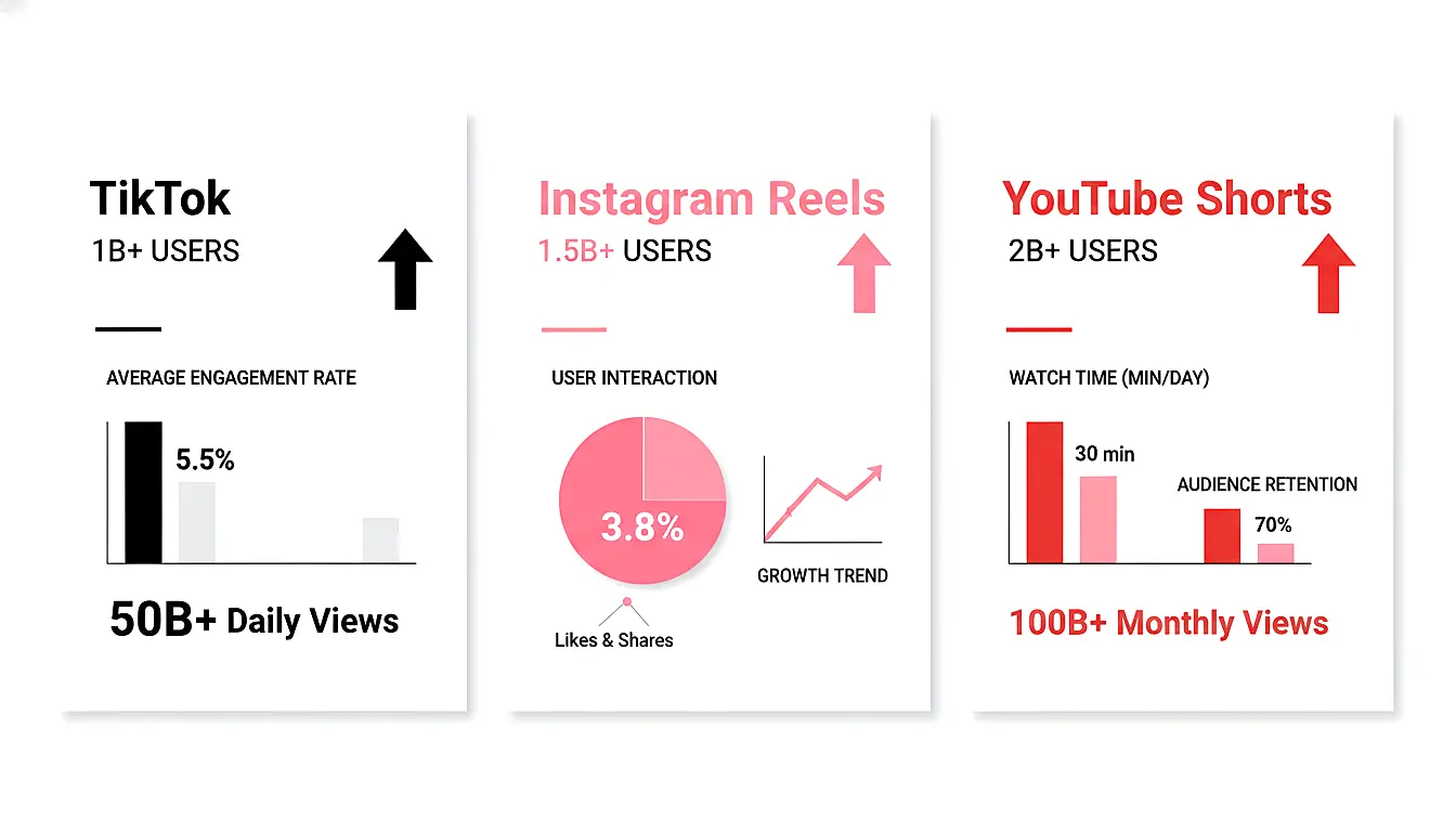 Infographic showing bar charts comparing short-form video engagement rates across TikTok Instagram Reels and YouTube Shorts with growth trends from 2023 to 2025