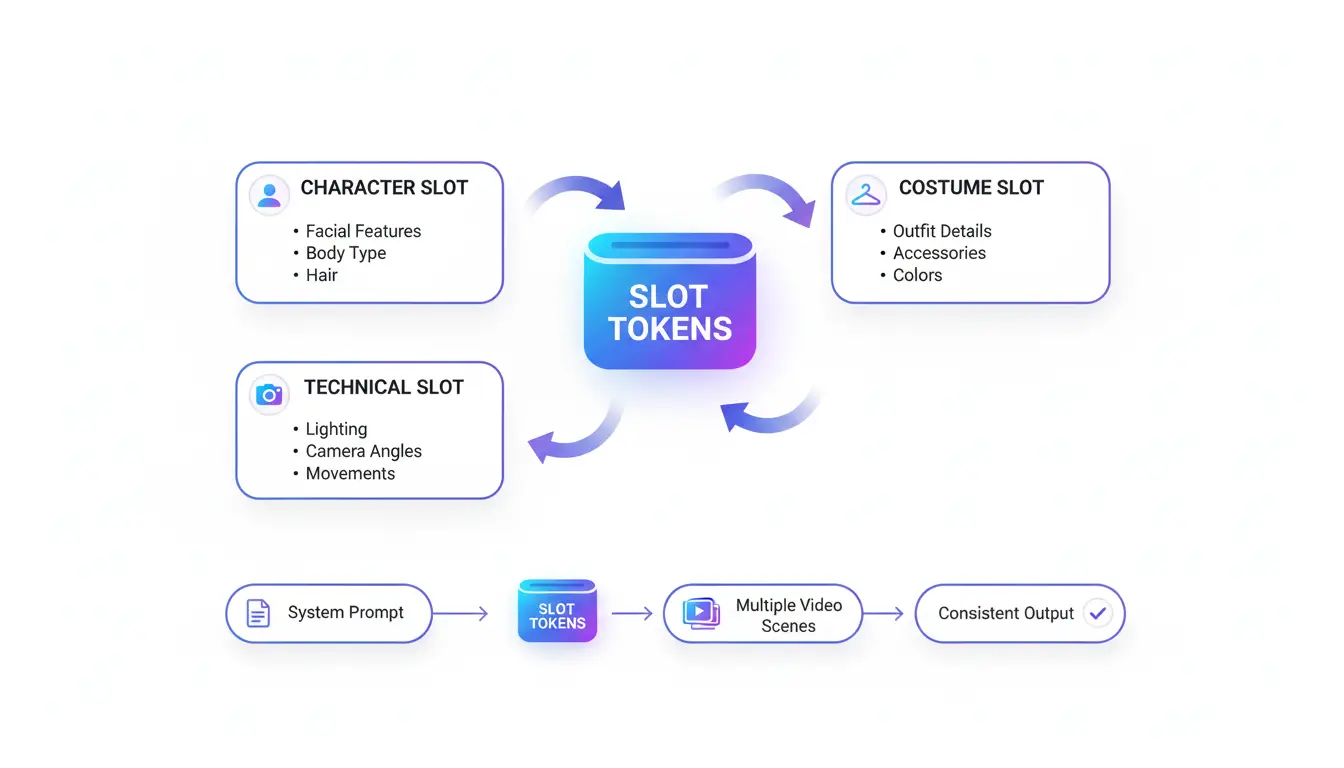 Visual diagram showing how slot tokens work to store character, costume, and lighting information for consistent video generation