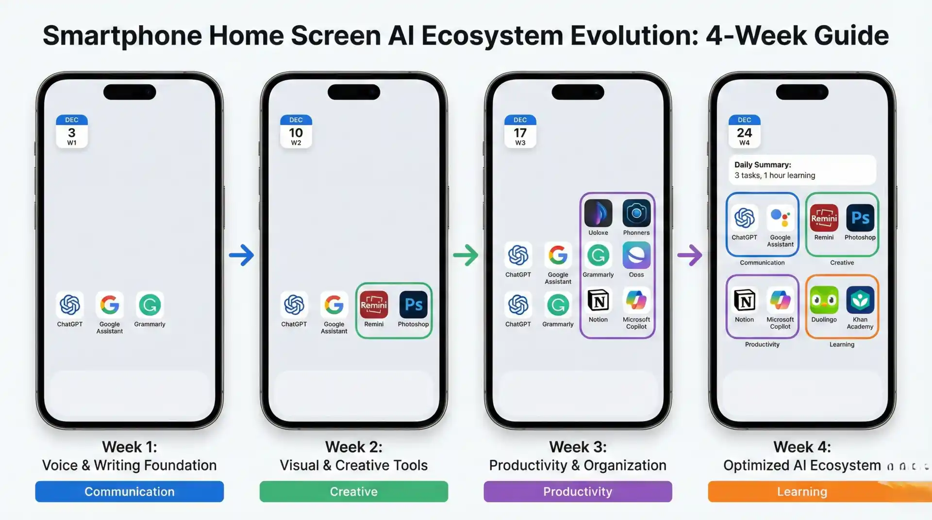 Step-by-step visual guide showing organized smartphone home screen with AI apps