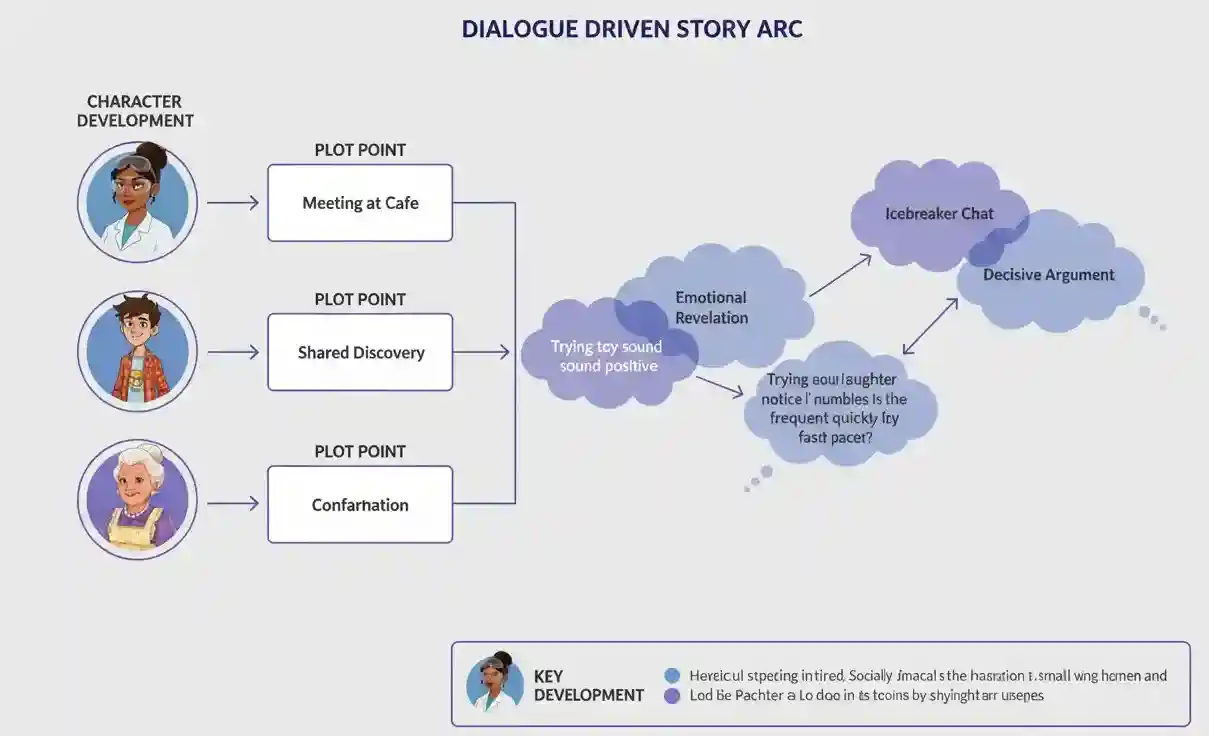 Diagram showing how dialogue moves plot forward with connected story beats and character development