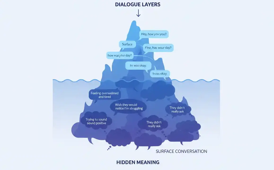 Visual representation of dialogue layers showing surface conversation versus hidden meaning and subtext
