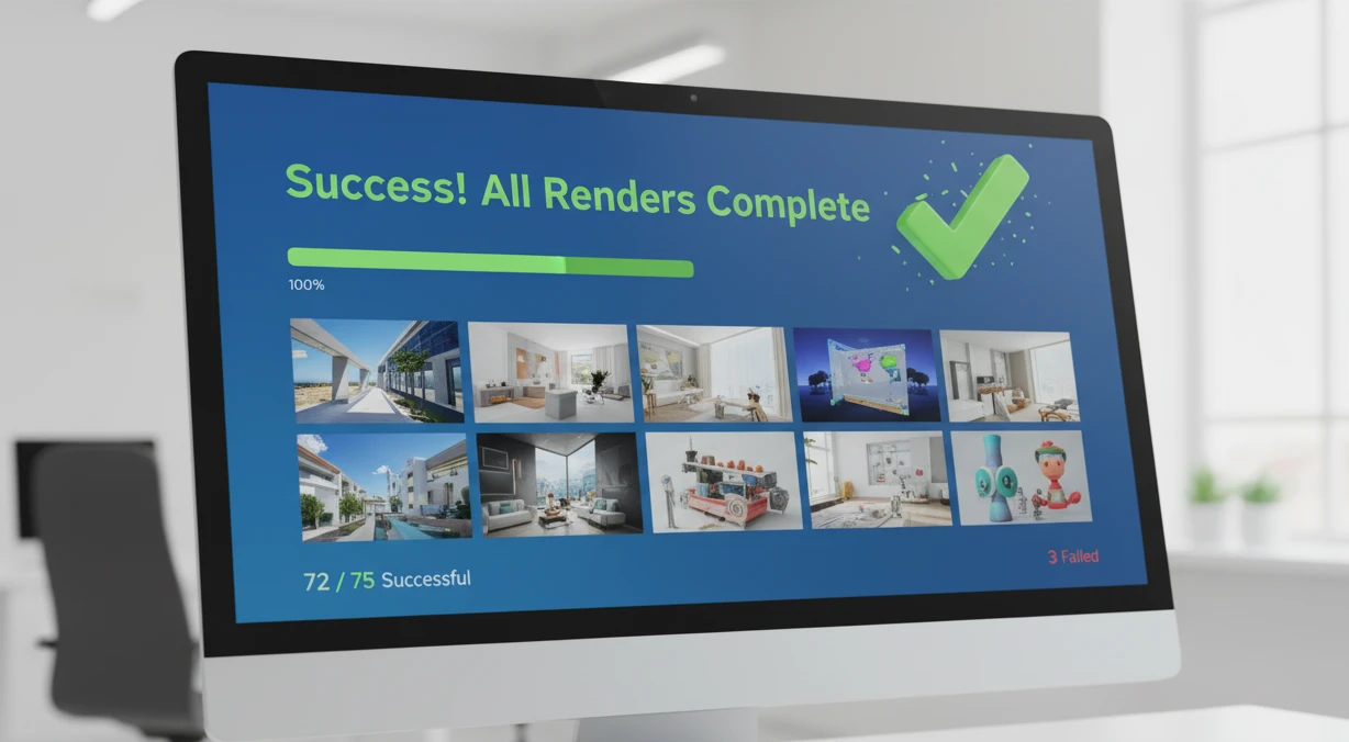 Celebration screen showing completed batch render with all scenes successfully processed and output files ready
