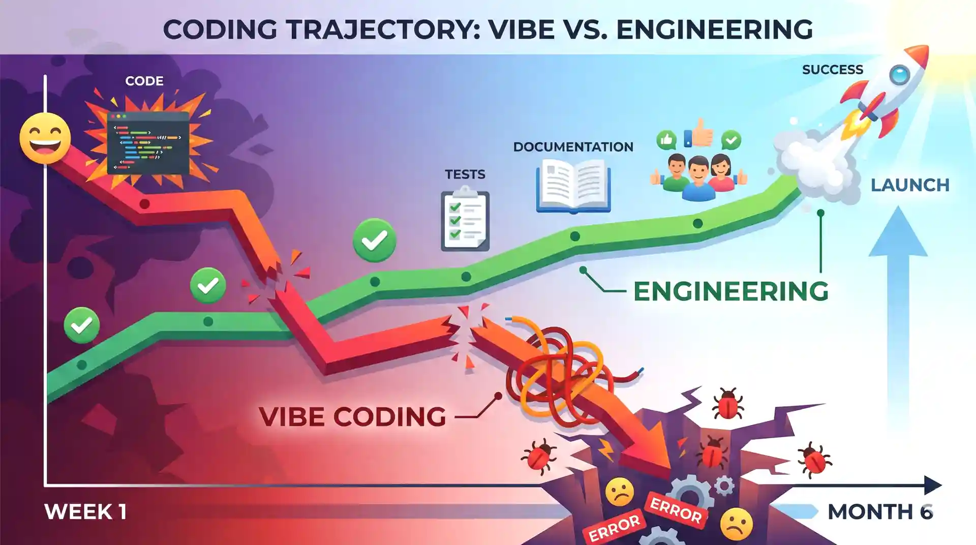 Graph showing sustainable code growth with engineering practices trending upward over time versus vibe coding declining, illustrating long-term velocity benefits