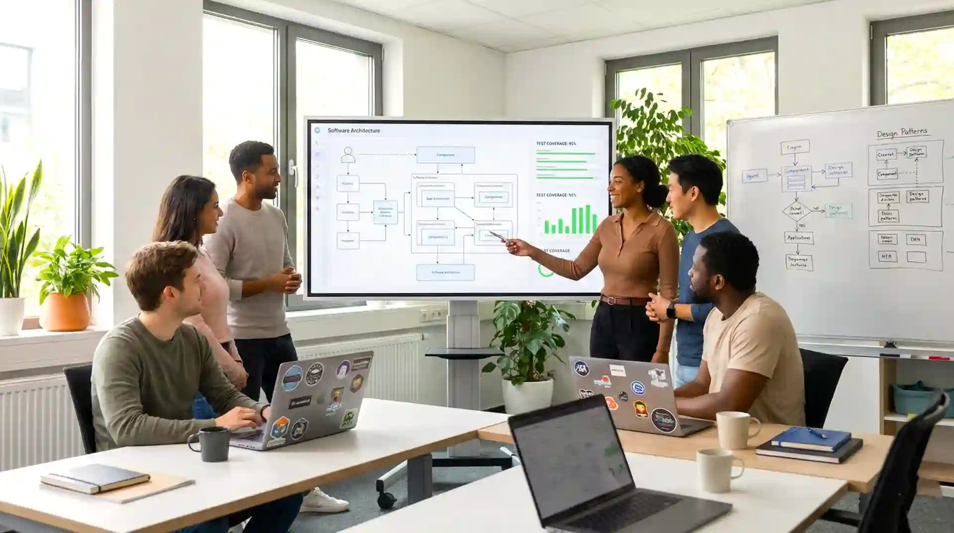 Development team collaborating on code review with multiple developers discussing architecture on whiteboard and reviewing pull requests together