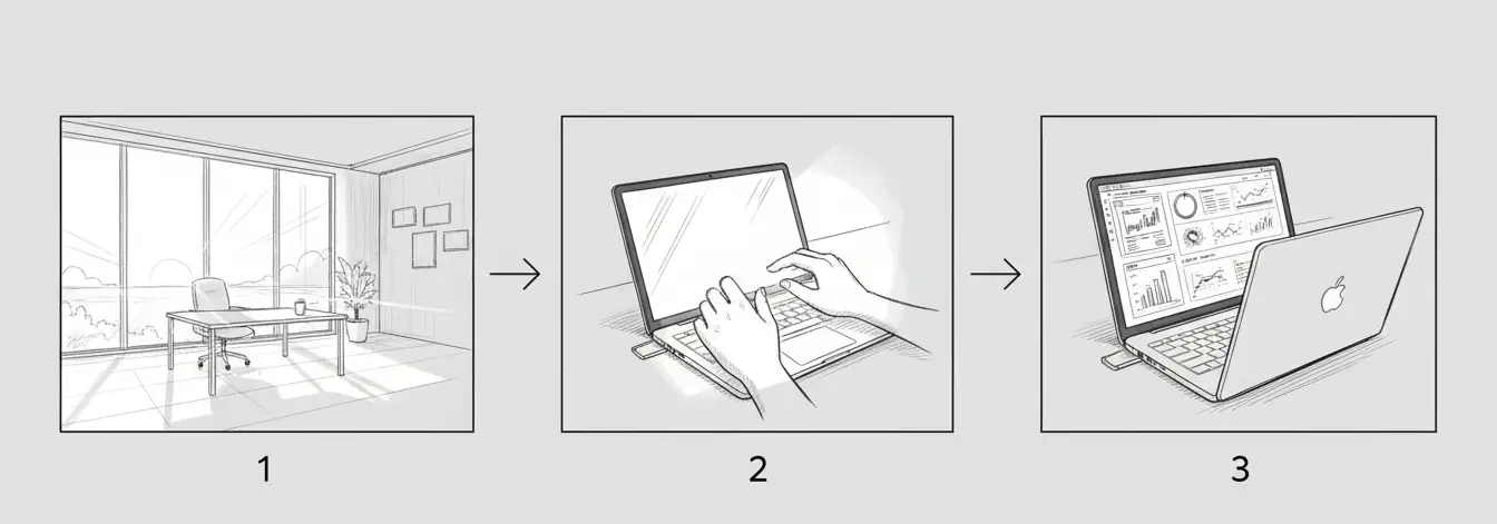 Complete storyboard showing three connected scene atoms forming a cohesive narrative