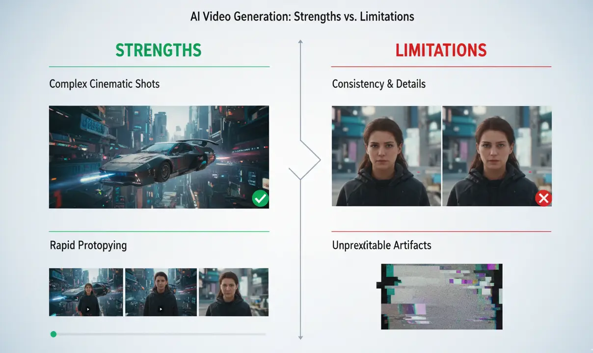 Comparison showing strengths and limitations of AI video generation
