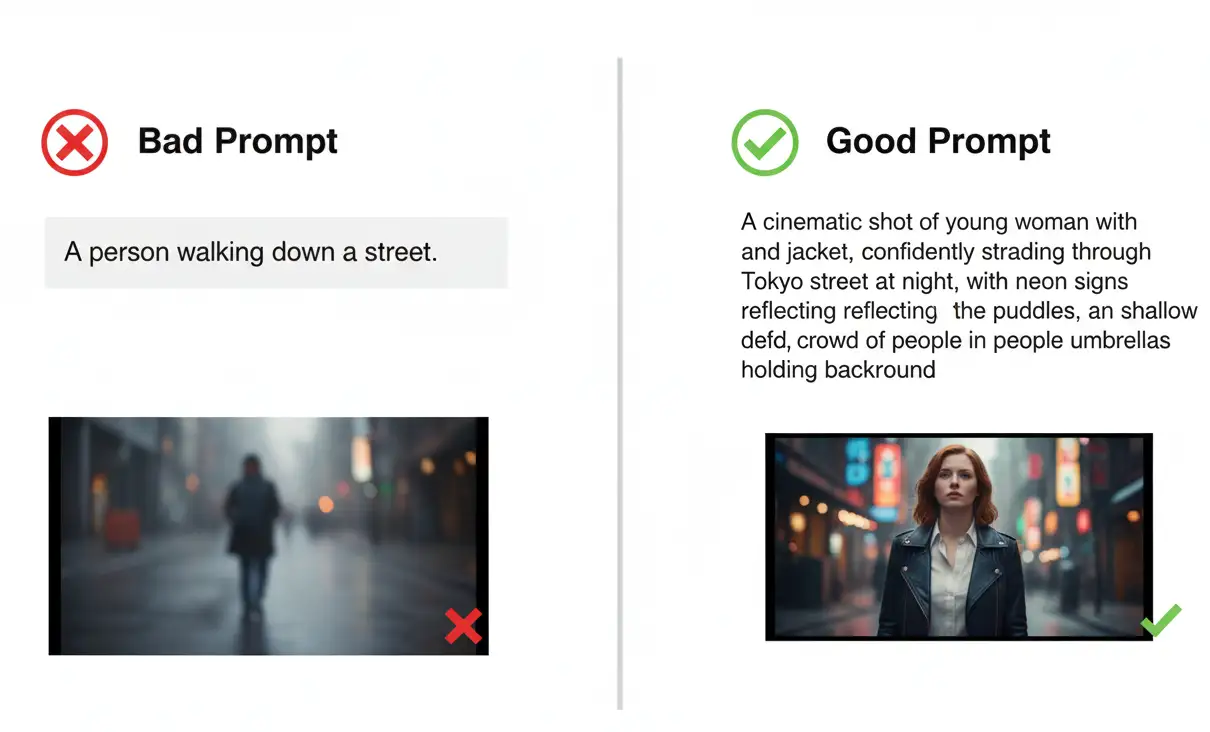Visual comparison showing vague prompt results versus detailed prompt results in Veo 3