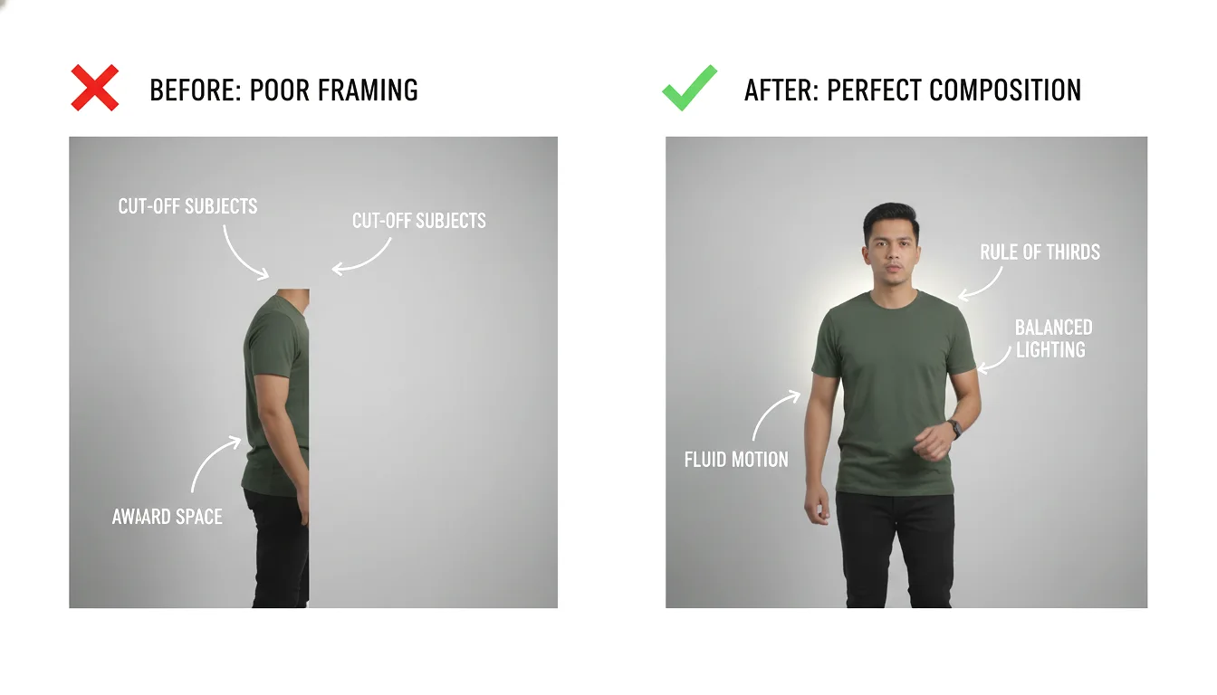 Side by side comparison showing poorly prompted vertical video with awkward framing versus professionally prompted video with perfect 9:16 composition optimized mobile viewing and engaging hook