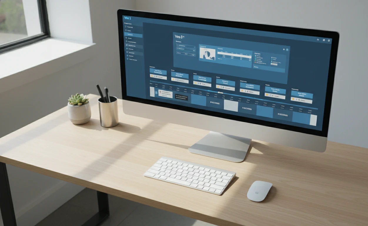 Modern workspace showing Veo 3 interface with prompt engineering tools and timeline view